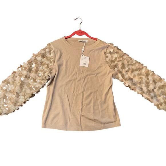 Sioni Milano Sweater Embellished Sequin Sleeve Crew Neck Beige Womens Large NWT - Picture 6 of 6